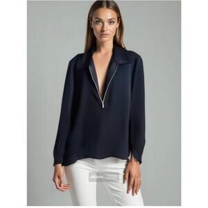 Club Monaco Black Half-Zip Blouse SP Silver Zip Boxy Fit Business Casual Women’s